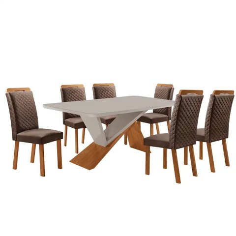 Mesa de Jantar Yasmin 180cm Tampo MDF Vidro Canto Copo com 6 Cadeiras Lorena