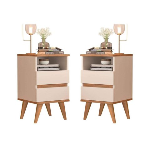 Kit 2 Mesa de Cabeceira Pés Palito 2 Gavetas - Pop - Cm - Off White/nature