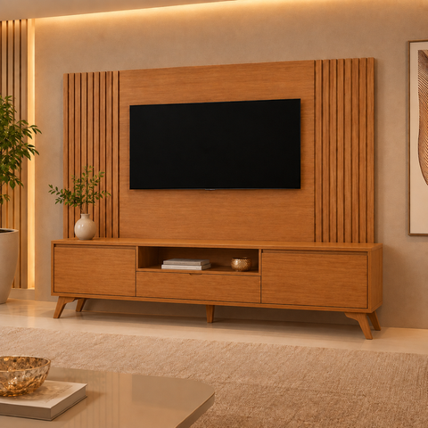 Painel Ripado Completo com Rack Áureo - Belaris Móveis:Naturalle