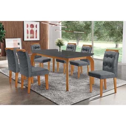 Sala de Jantar Completa Londrina C/ Tampo Madeirado Vidro Canto Curvo 180x90cm e 6 Cadeiras