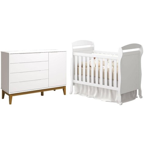 Berço Americano Danny e Cômoda com Porta Classic Elfe Branco Acetinado Amadeirado - Reller