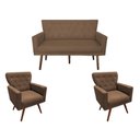 Ver imagem 1 de Kit Namoradeira + 2 Poltronas Decorativa Aurora Suede Marrom Pés Madeira Ms Decor