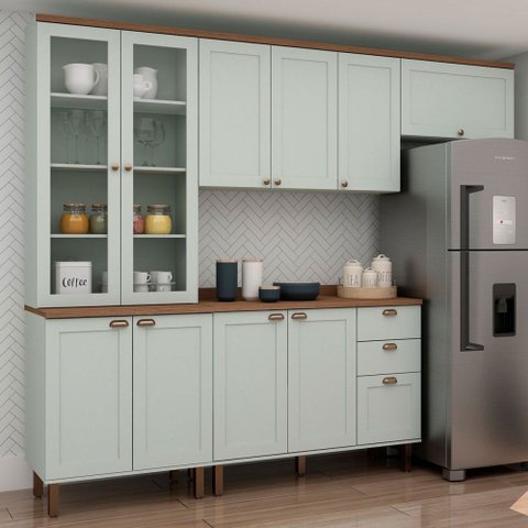 Cozinha Completa Iluminata 10 Portas 3 Gavetas 100% MDF com Vidro Mint/Ébano - Genialflex