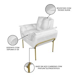 Poltrona Decorativa Suede Branco Base Metálica Dourada - Vallisa Decor - 5