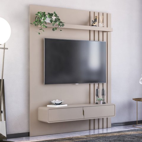 Painel Ripado para TV até 50 Polegadas 144,4cmx180cm 2 Portas Otto Cinza Bege Dunas