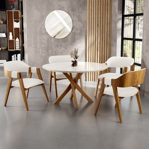 Mesa de Jantar Redonda Cora 120cm Off White M04 com 04 Cadeiras Living Suran Linho Champagne - Lyam