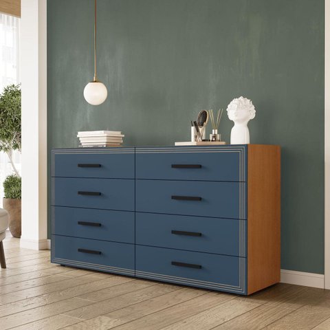 Cômoda Valência com 8 Gavetas 150x84cm Freijó/Azul 240829