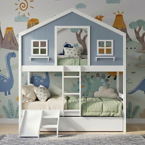 Treliche Casinha Dos Sonhos com Escada/ Escorregador Madeira Maciça Branco | Azul Housin