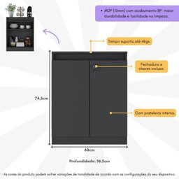 Aparador Buffet 60cm 2 Portas com Chave Multimóveis Cr50099 Preto - 3