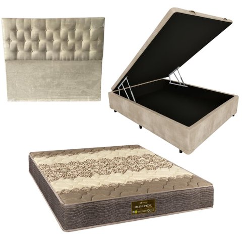 Cama Box Baú Blindada com Colchão de Espuma Orthopedic + Cabeceira Botonê - Casal - Suede Bege