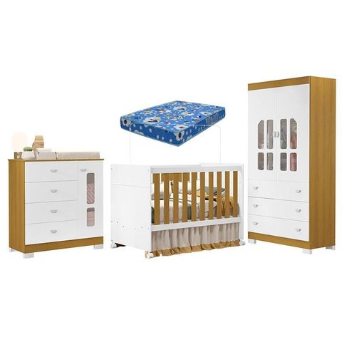 Quarto de Bebê New Katatau Branco Acetinado Savana com Colchão Ortobom– Reller