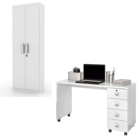 Conjunto de Escritório Office Escrivaninha com Rodizios Multiuso Branco Brilhante