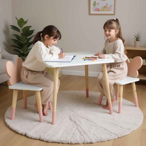 Mesa e 2 Cadeiras Infantil Borboletinha Kit Livro Educativo em Madeira - Rosa Bebê