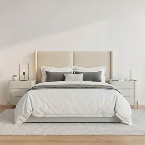 Cabeceira Queen Estofada 176cm com 2 Mesas de Cabeceira 100% Mdf Cor:veludo Luxor Creme e Luna com