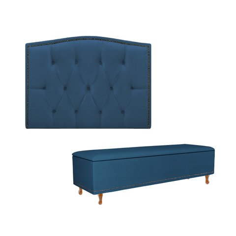 Kit Cabeceira Painel + Recamier Genova Suede Azul Royal Dominic Decor