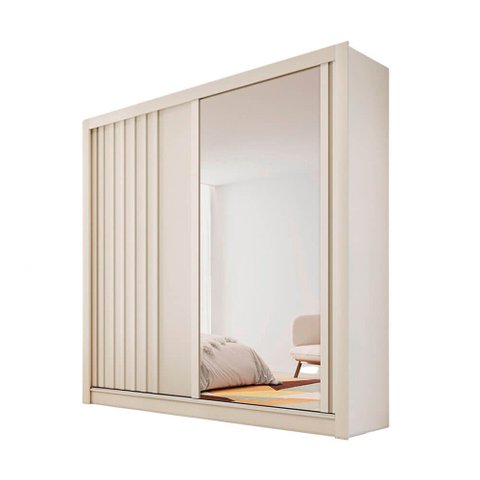 Guarda Roupa Solteiro Ripado com Espelho 2 Portas 4 Gavetas - Lugano-off White - Made Marcs