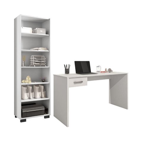 Escrivaninha e Livreiro Eloise 1 Gaveta 6 Prateleiras 127cm Branco Leão Móveis