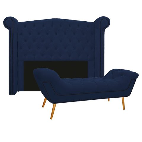 Kit Cabeceira 140 cm Suede + Calçadeira Madrid Azul Marinho