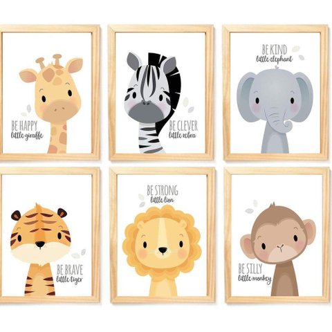 Quadro Infantil Safari 6 Un A4 Vidro e Pendurador