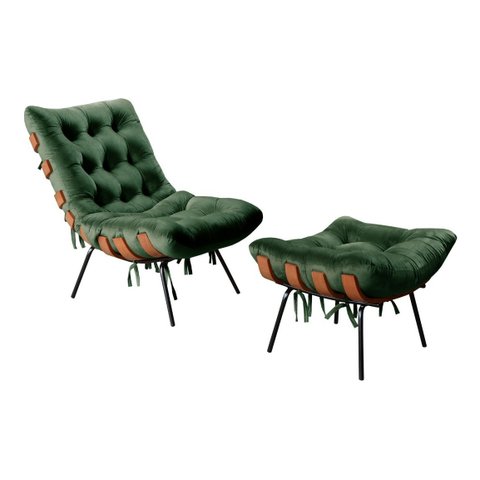 Poltrona Costela com Puff Base Fixa para Sala, Quarto - Veludo Verde
