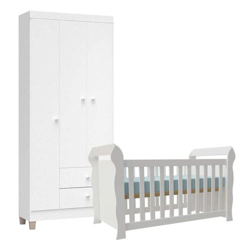 Berço Americano Lara e Guarda Roupa Ternura Baby 3 Portas Branco Brilho - Incorplac