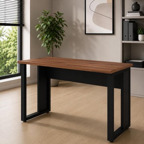 Mesa Escrivaninha 120 cm X 60 cm Tampo 25 mm Design Industrial F5 Office Cor:Nogal com Preto
