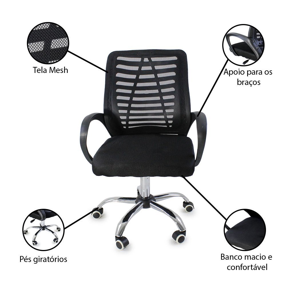 Kit 6 Cadeiras de Escritório Esteirinha Mesh Ergonômica - Preto - 3