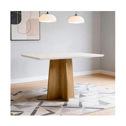 Mesa de Jantar 6 Lugares Retangular 160cm Tampo MDF com Vidro Miraz N01 Ypê Off White - Lyam Decor