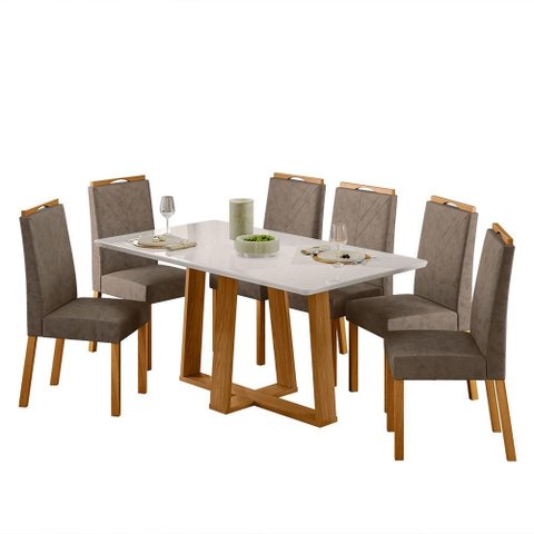 Conjunto Sala de Jantar Mesa Rubi 160x90 6 Cadeiras Anitta Ype/off White/suede Marrom