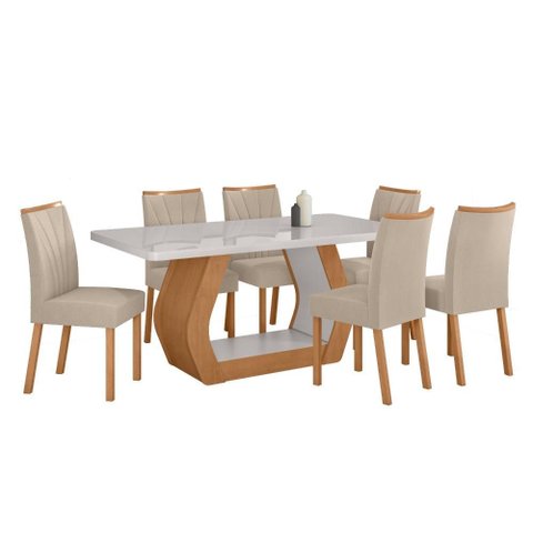 Conjunto Sala de Jantar Mesa Easy Tower 170x90cm Mdf/vidro com 6 Cadeiras Armoni Veludo Naturale