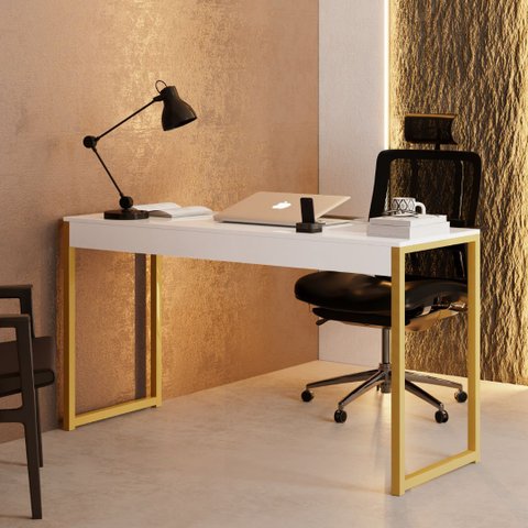 Mesa Escrivaninha Industrial Desk 90 Color Pés de Ferro Branco Dourado
