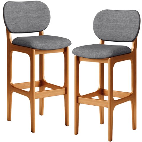 Kit 2 Banquetas Alta Bar Cozinha Sala Jantar Fixa Betta L02 Imbuia Linho Cinza Escuro - Lyam Decor