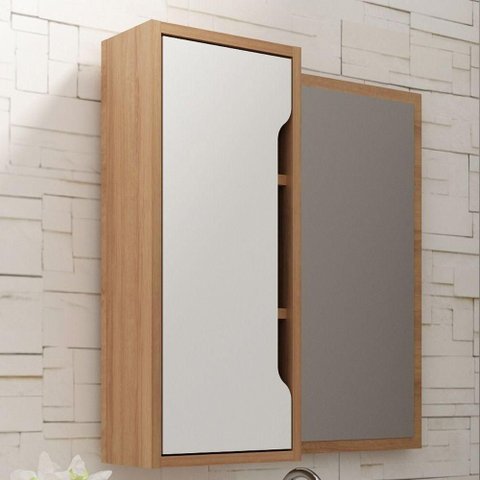 Espelho para Banheiro 60x60cm 1 Porta com 3 Nichos BN3648 Tecnomobili Amêndoa/Branco