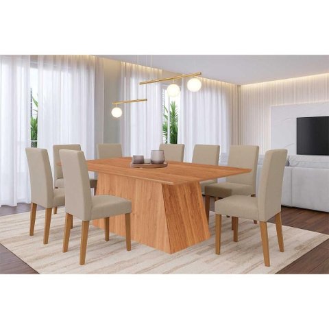 Sala de Jantar Completa Helena Tampo Madeirado 210x100cm e 8 Cadeiras Maia Cinamomo - Nature/suede