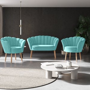 Kit 02 Poltronas Decorativas e Namoradeira Sofá Pétala Luxo Veludo Azul Turqueza Pés Palito - Visan 