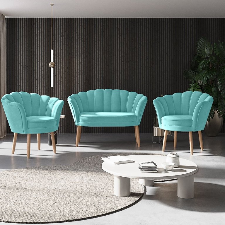 Kit 02 Poltronas Decorativas e Namoradeira Sofá Pétala Luxo Veludo Azul Turqueza Pés Palito - Visan Kit 02 Poltronas Decorativas e Namoradeira Sofá Pétala Luxo Veludo Azul Turqueza Pés Palito - Visan