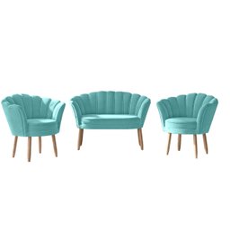 Kit 02 Poltronas Decorativas e Namoradeira Sofá Pétala Luxo Veludo Azul Turqueza Pés Palito - Visan  - 3