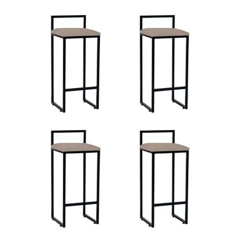 Kit 4 Banquetas Industrial Alta Bar Cozinha Bistrô em Aço Dori Preta Assento Suede Bege - Cor:
