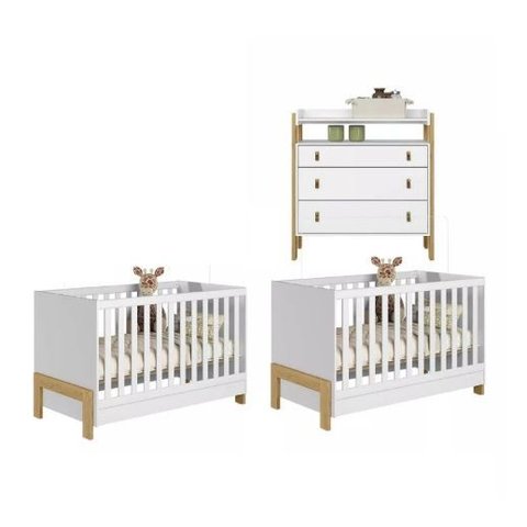 Jogo de Quarto Infantil Gêmeos com 2 Berços Encanto Fantasia e Cômoda Branco