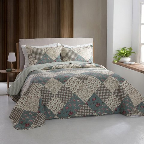 Colcha Patchwork Casal Dupla Face C/ Porta Travesseiro Lucca 6 Rozac