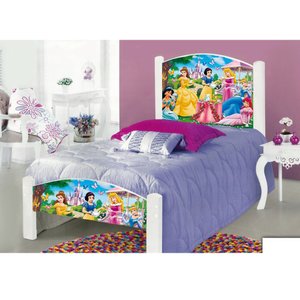 Cama Infantil Solteiro Princesas Adesivada com Grade de Proteção e Colchão