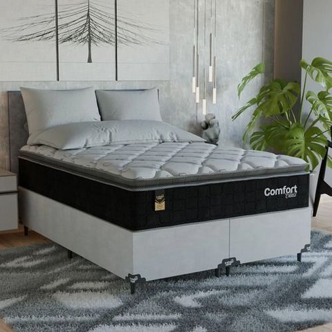 Cama Box Casal Bipartido + Colchão Comfort Class Pillow Top Preto/suede Branco