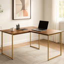 Ver imagem 1 de Escrivaninha Mesa em L Industrial Pés de Ferro Moderna para Computador 150x150cm - Freijó/dourado
