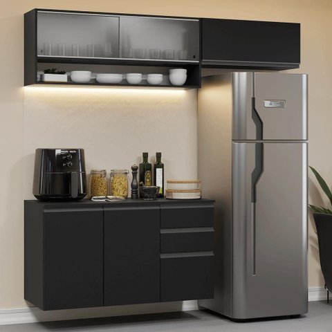 Armário de Cozinha Compacta 200 Cm Suspenso Preto Nice Madesa 11 Xa Preto