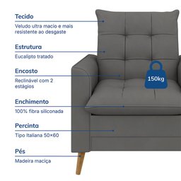 Poltrona Decorativa York C/ Puff em Veludo e Fibras de Silicone Just Time - 8