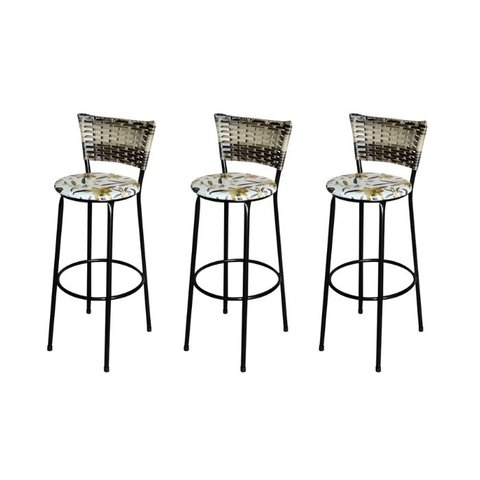 Jogo 3 Banqueta Alta Para Cozinha Ratan Cappuccino Premium Preta Estofado Floral  Floral 