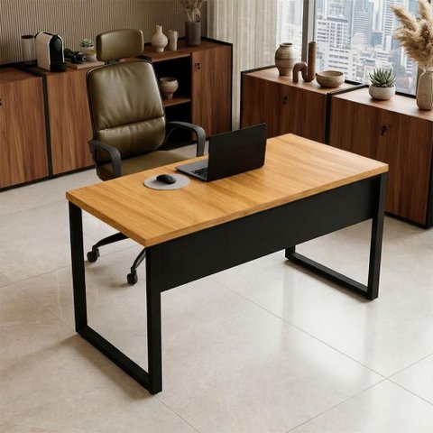 Mesa Escritório Escrivaninha Retangular Industrial MDF 140cm Freijó com Preto F5 Office