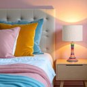 Ver imagem 2 de Abajur Colorido Pequeno de Cerâmica para Quarto com Cúpula de Tecido