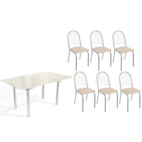 Conjunto: Mesa Sala Jantar Elba Tampo Madeirado C/ Vidro 160cm e 6 Cadeiras Noruega Cromada/off