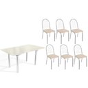 Ver imagem 1 de Conjunto: Mesa Sala Jantar Elba Tampo Madeirado C/ Vidro 160cm e 6 Cadeiras Noruega Cromada/off
